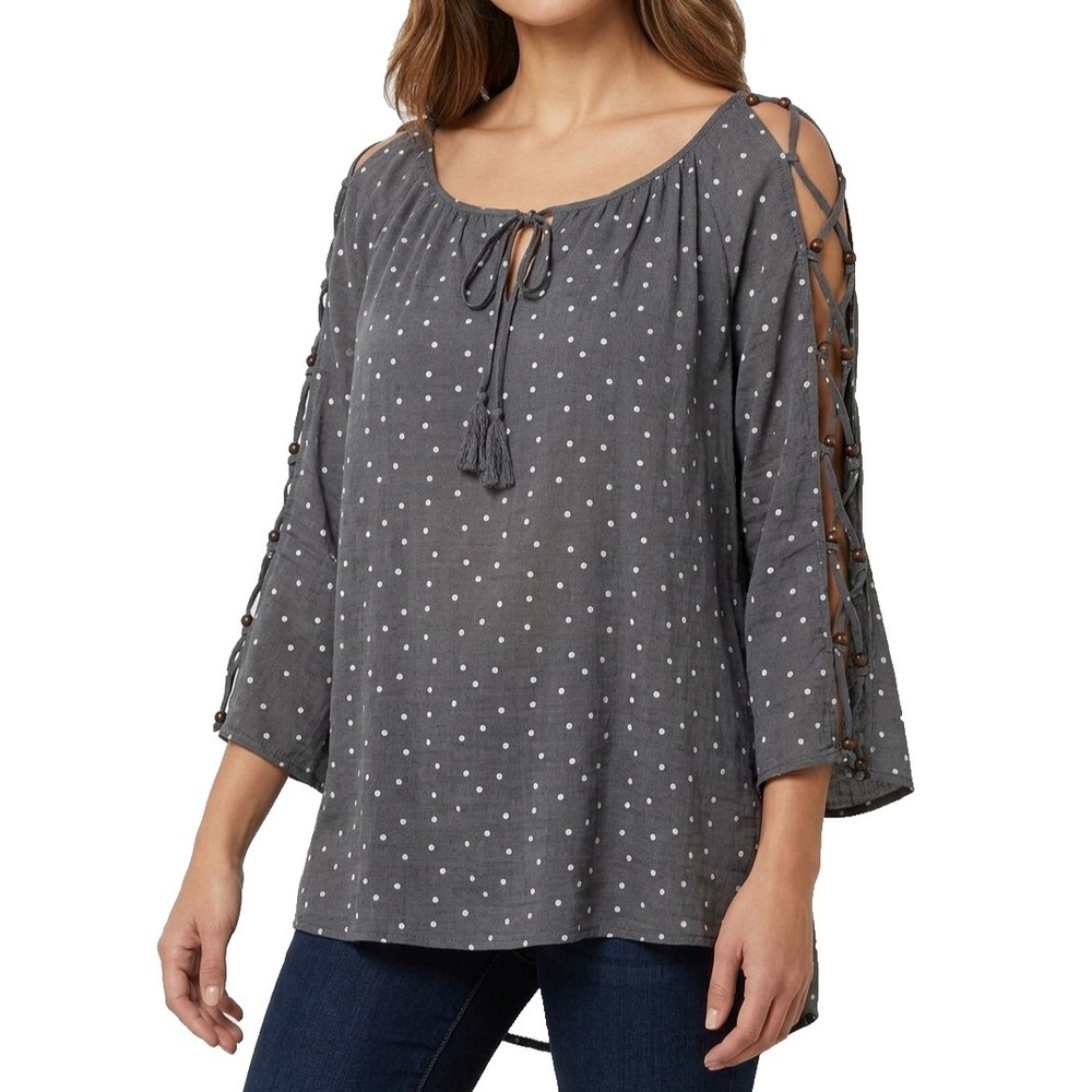 Fred David Blouse Women Plus Size 3X Grayā Polka Dot Keyhole Neck Tunic Top